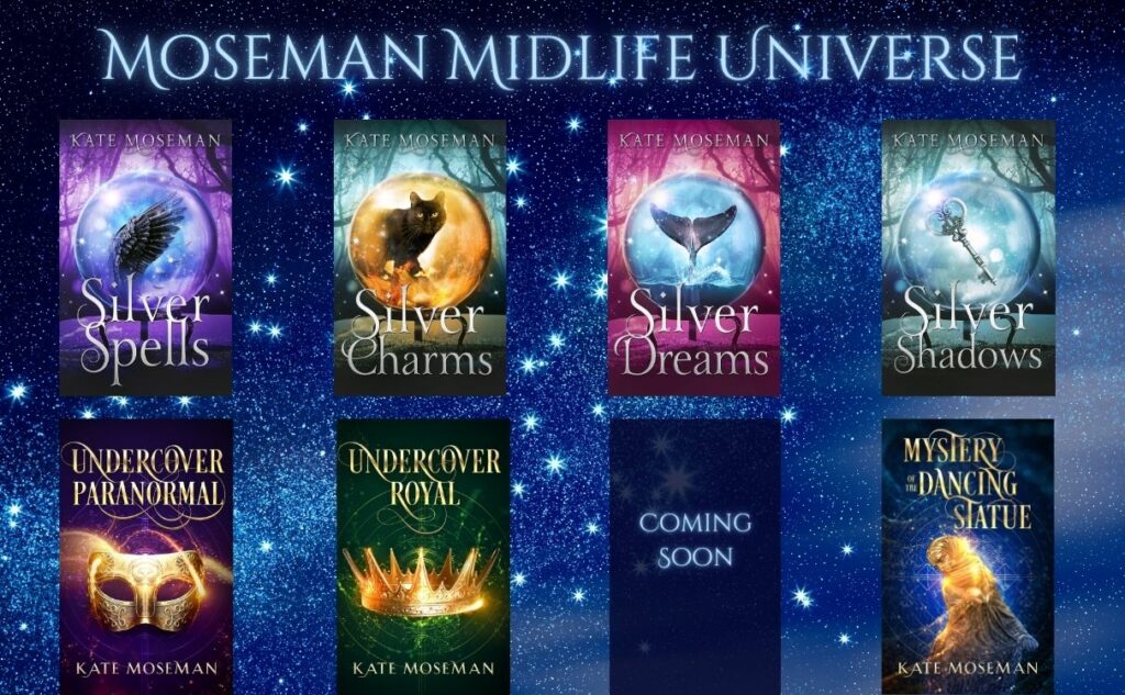 Graphic of eight books in the Kate Moseman Midlife Universe collection