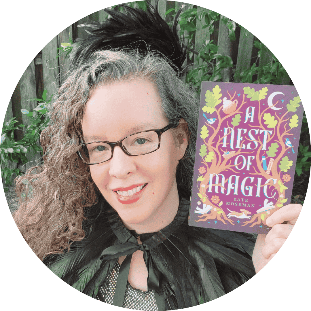 Kate Moseman in black feathered headband and feather cape